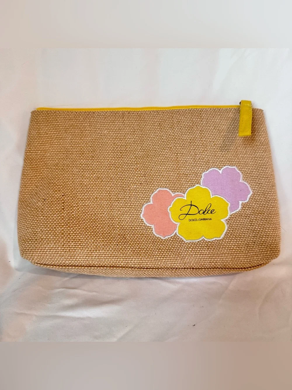 Dolce & Gabbana Beige Burlap Cosmetic Pouch Makeup Bag Yellow Lining Floral NWOT